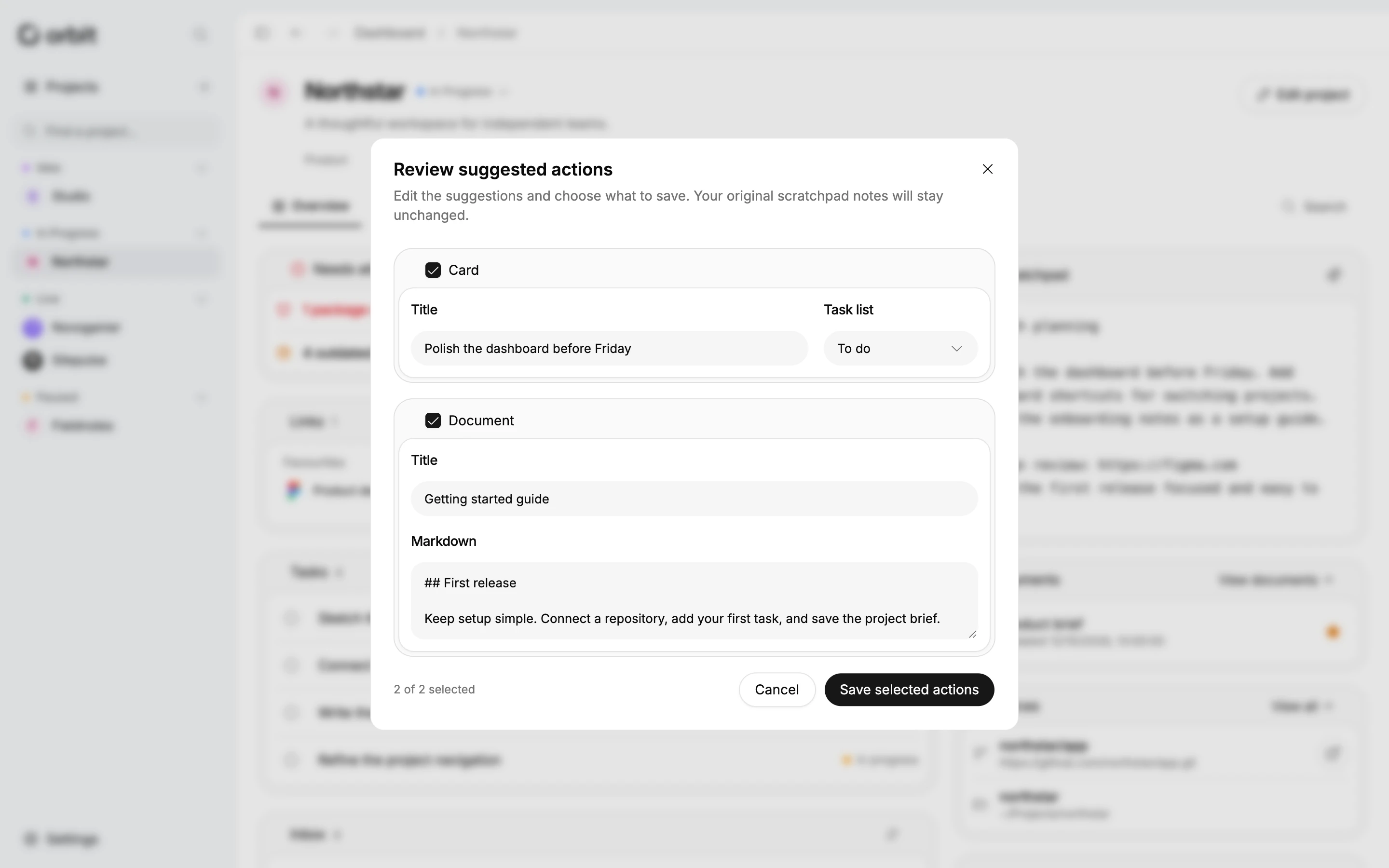 Review suggested actions dialog with a task and document proposed from scratchpad notes.