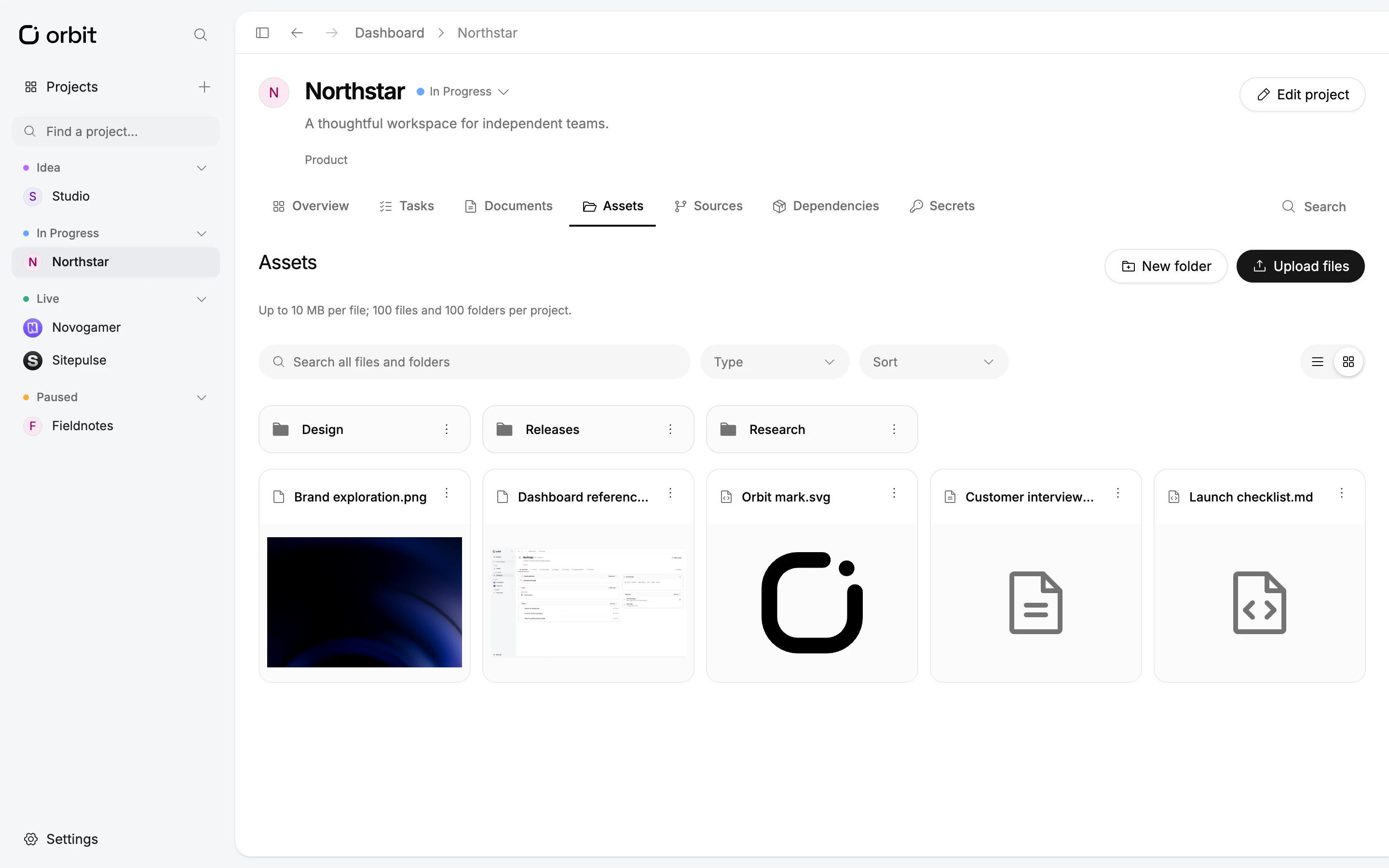 Project assets organised into folders, with image previews, reference documents, and a checklist.