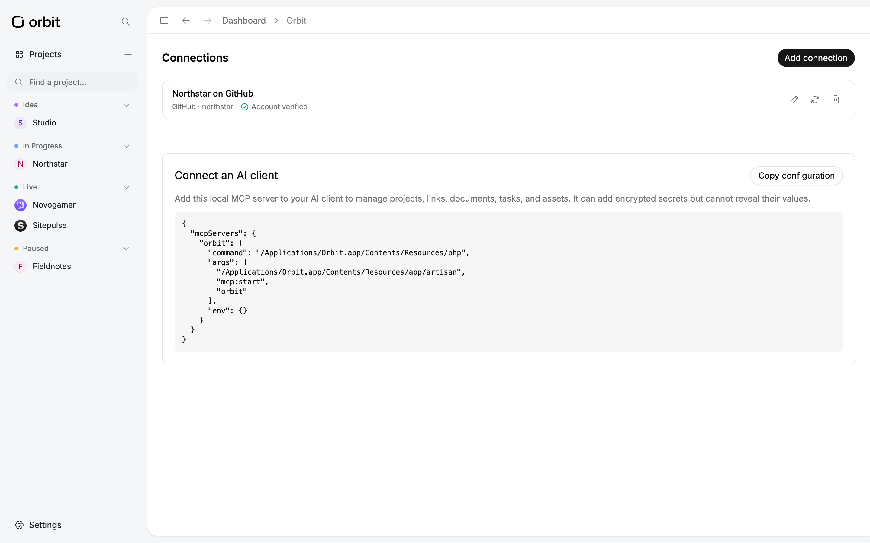 Orbit’s connections view with a local MCP configuration for an AI client.