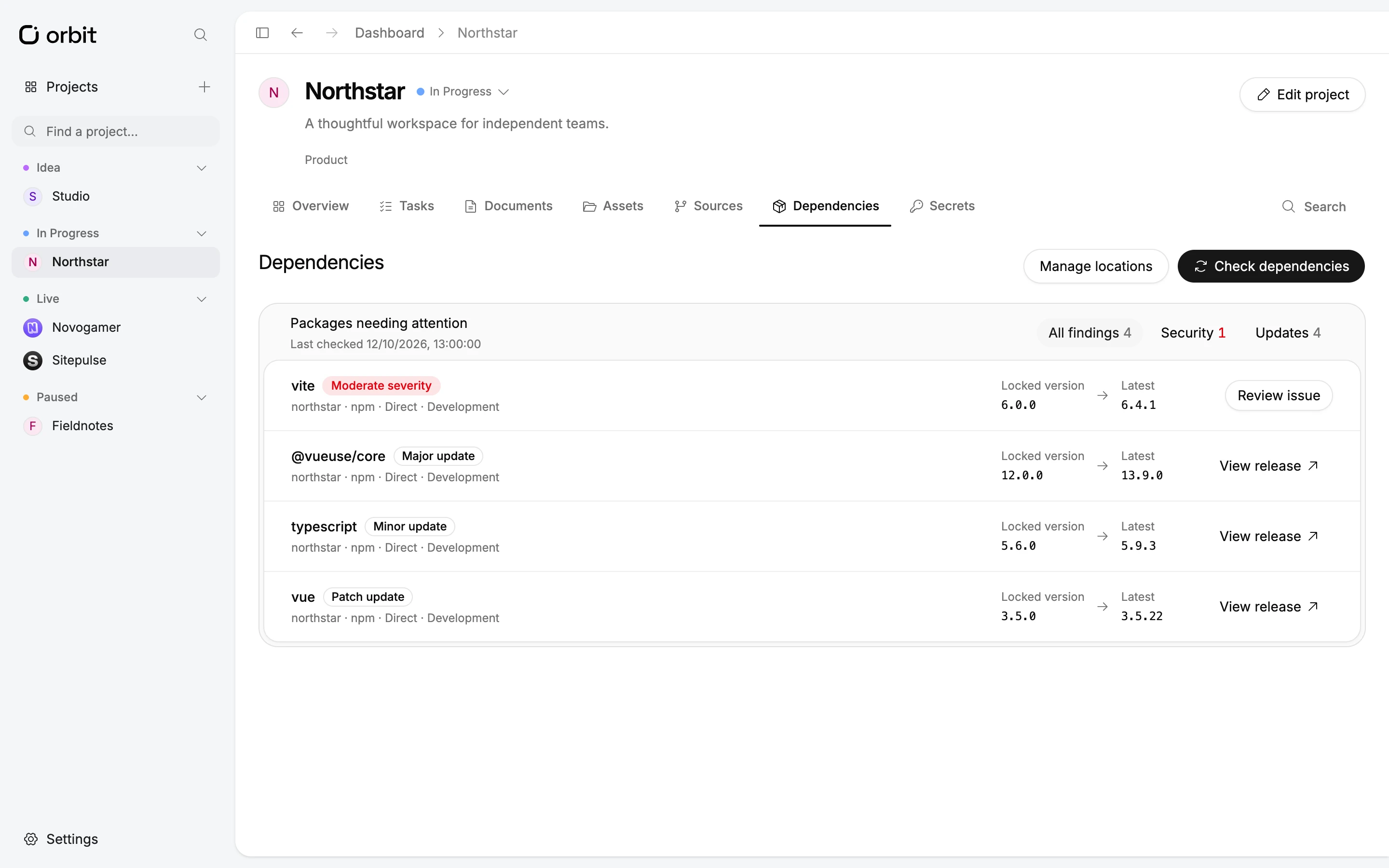 Dependency findings with a security advisory and available package updates.