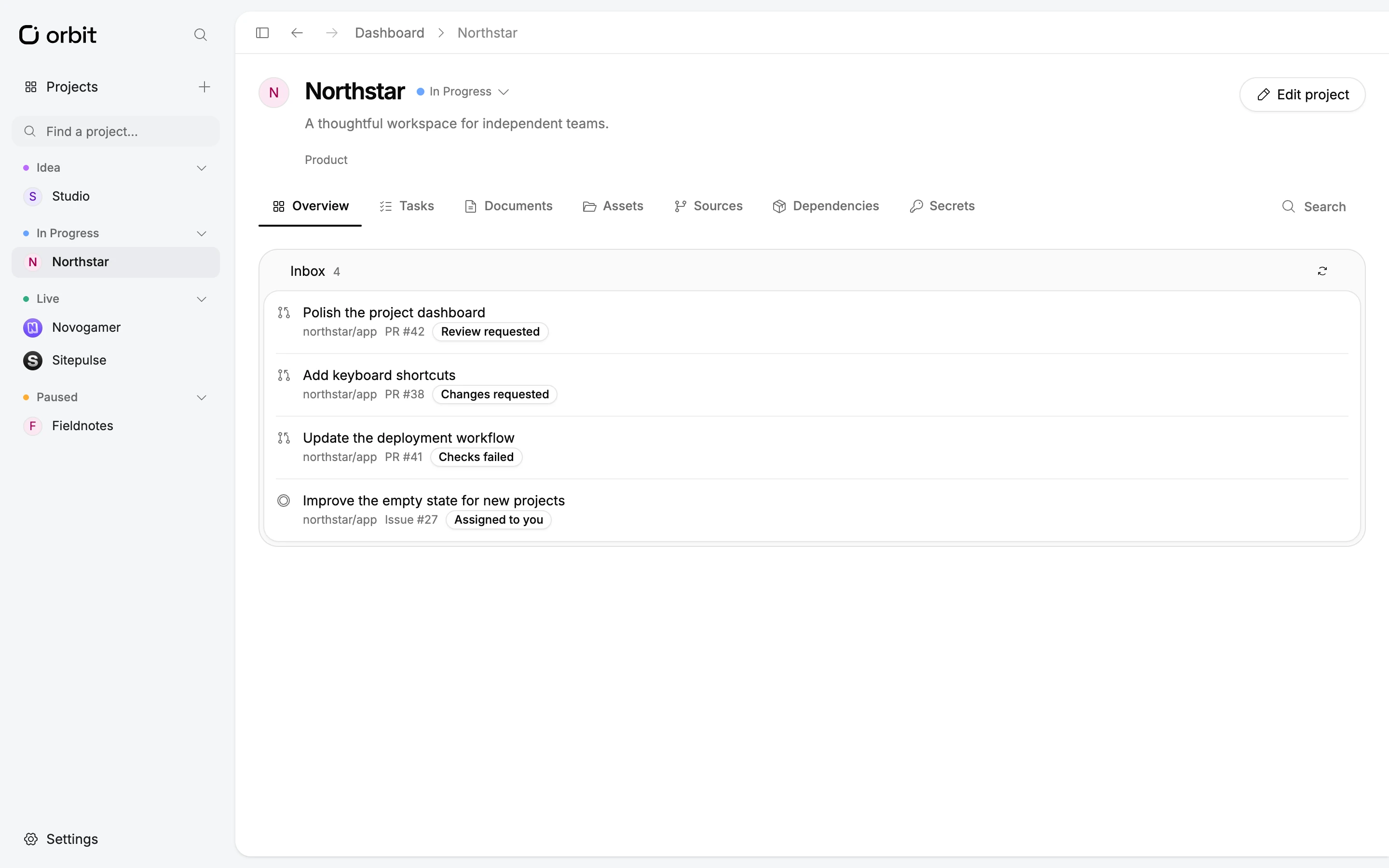 A project inbox showing review requests, requested changes, failed checks, and an assigned issue.