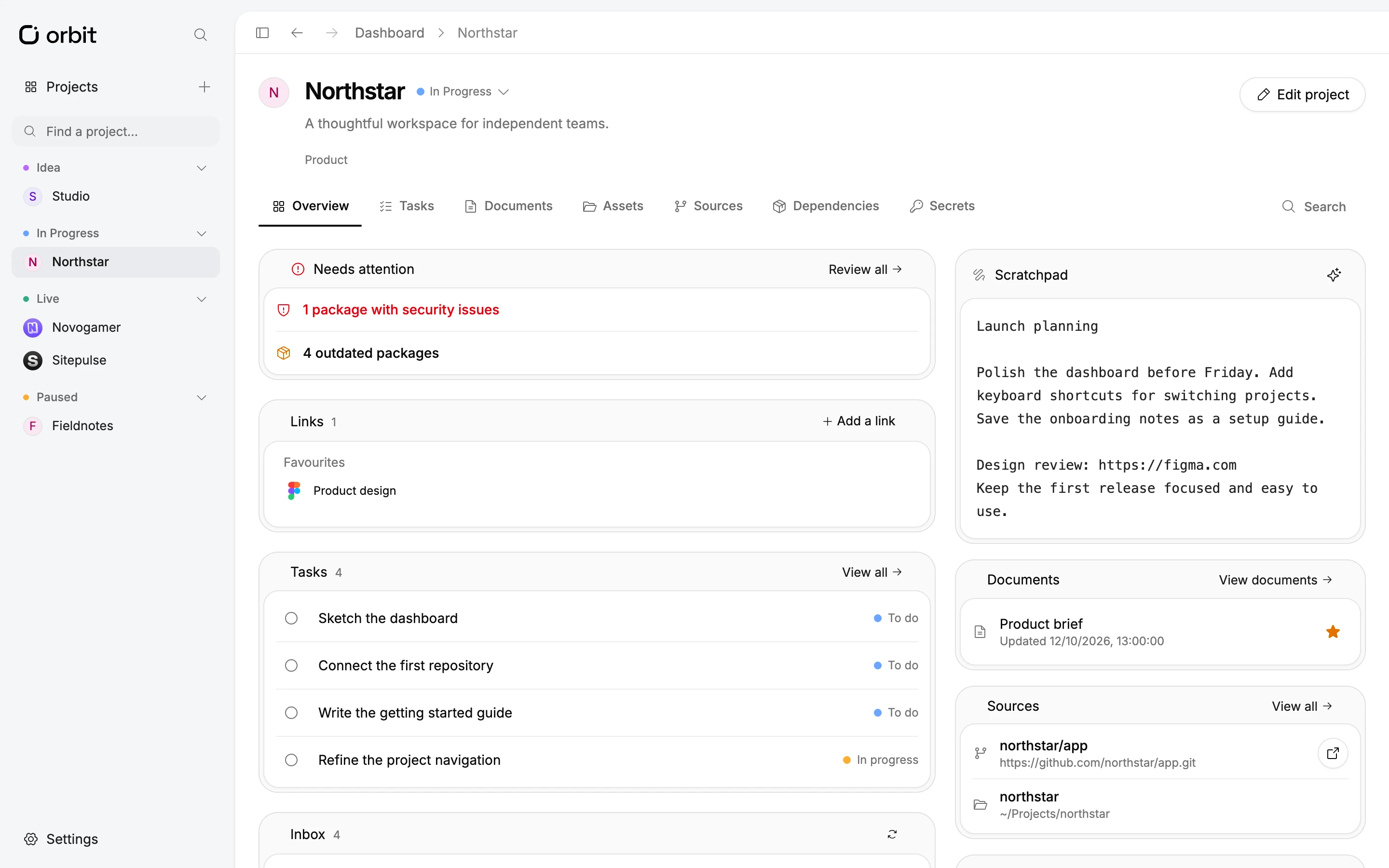 Orbit's project overview with the status-grouped sidebar and project sections.