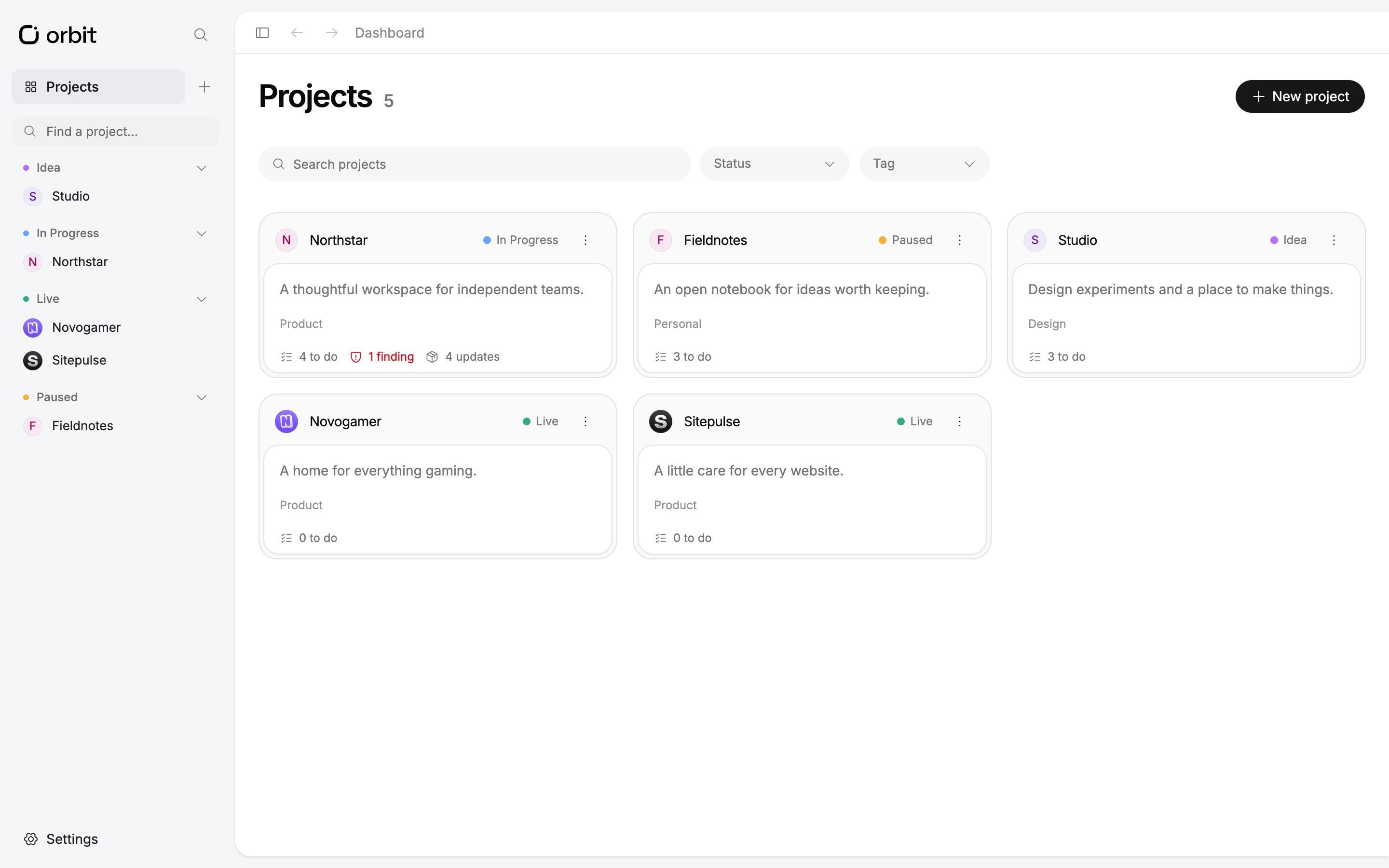 Orbit’s project dashboard with statuses, tags, task counts, and dependency summaries.