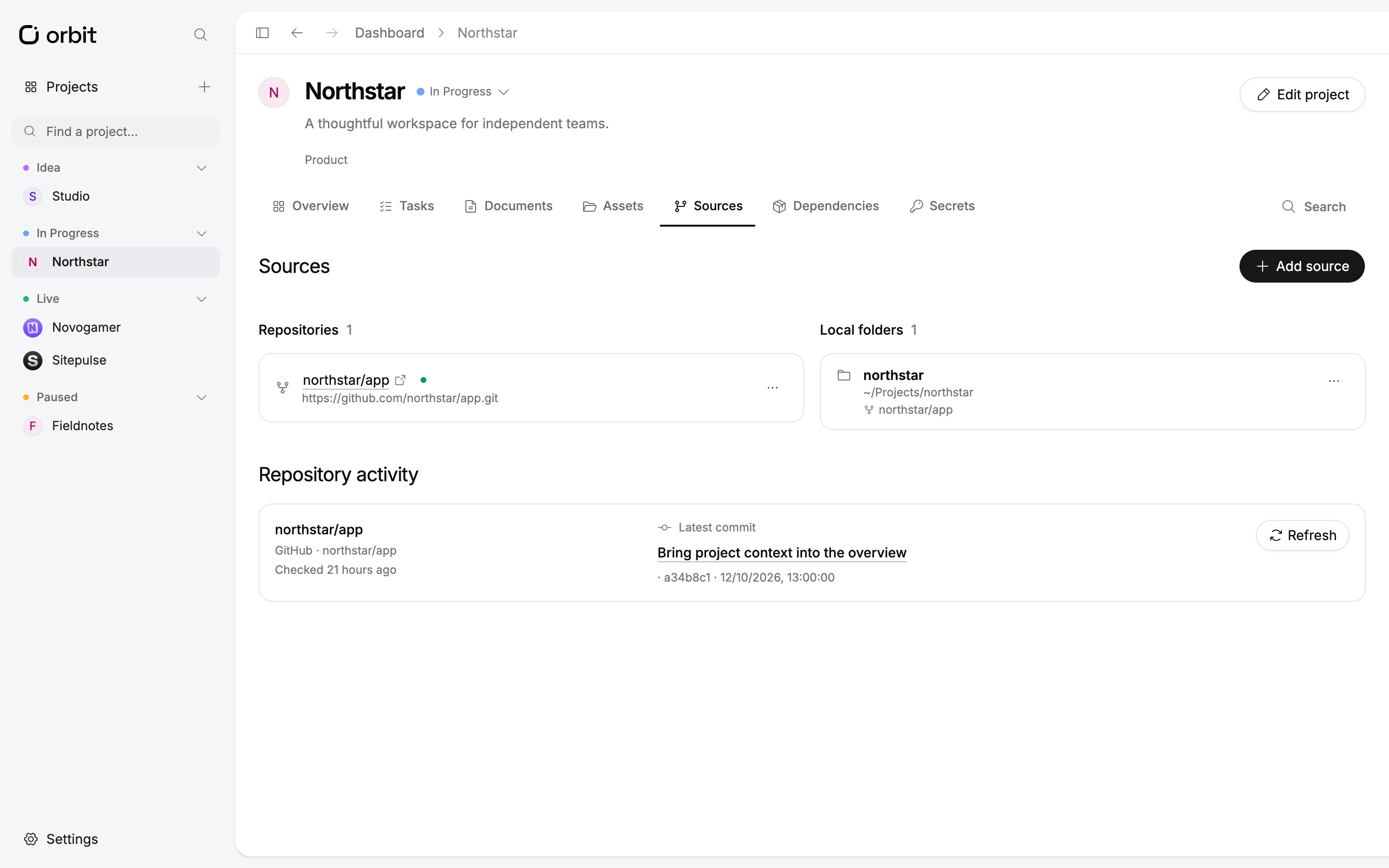 Sources showing the northstar/app repository beside its linked local folder.