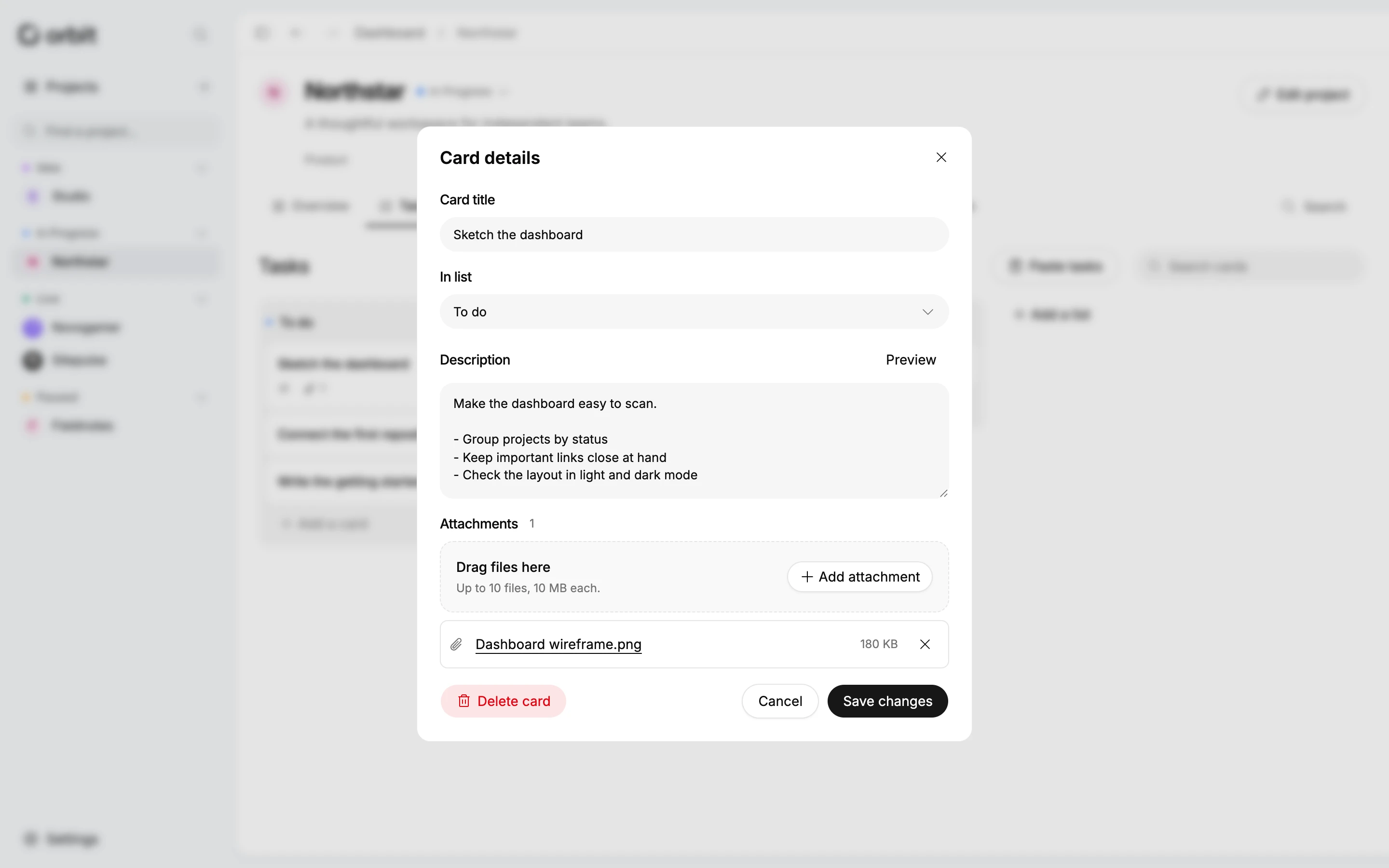 A task card open over the board, showing its list, Markdown description, and attachment.